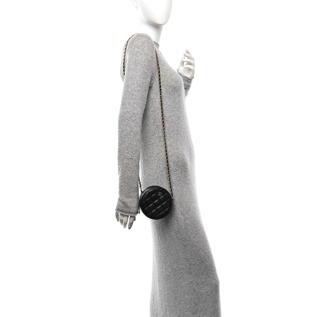 Lambskin Quilted Round Clutch With Chain Black