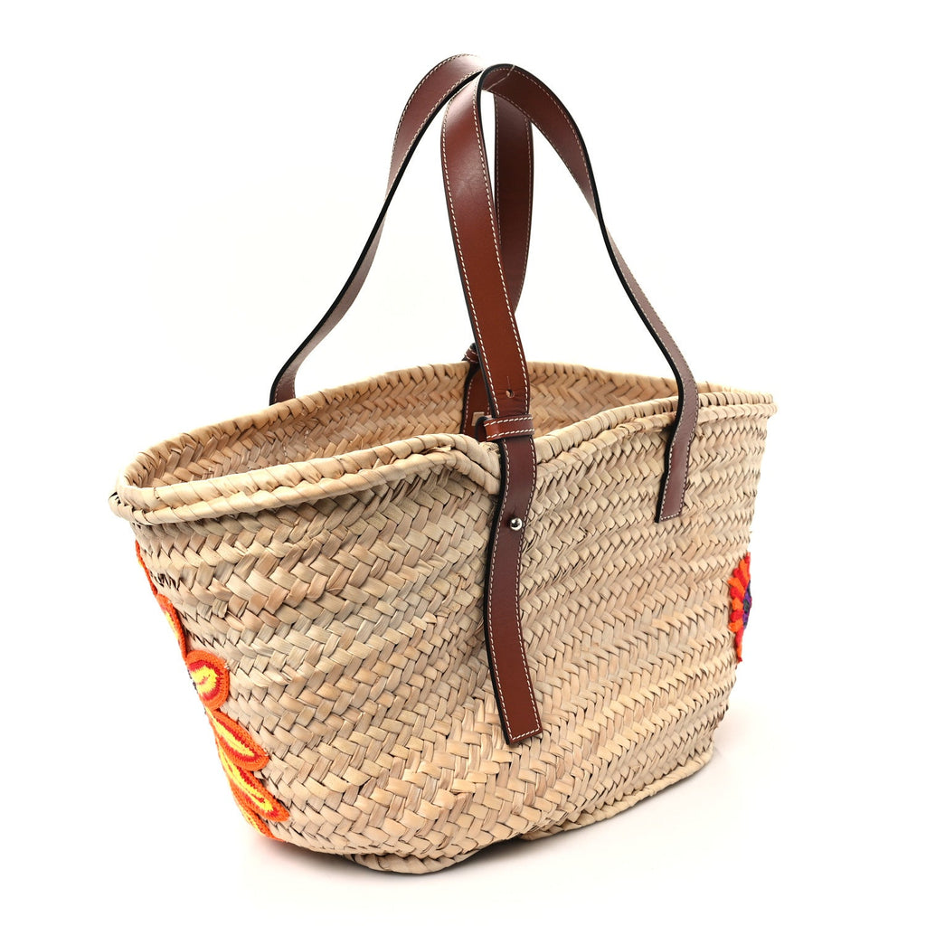 Raffia Floral Embroidered Medium Basket Tote Bag Natural Tan