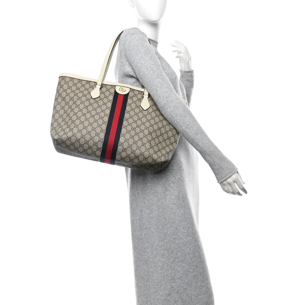 GG Supreme Monogram Textured Dollar Calfskin Web Medium Ophidia Shopping Tote Beige Ebony Mystic White