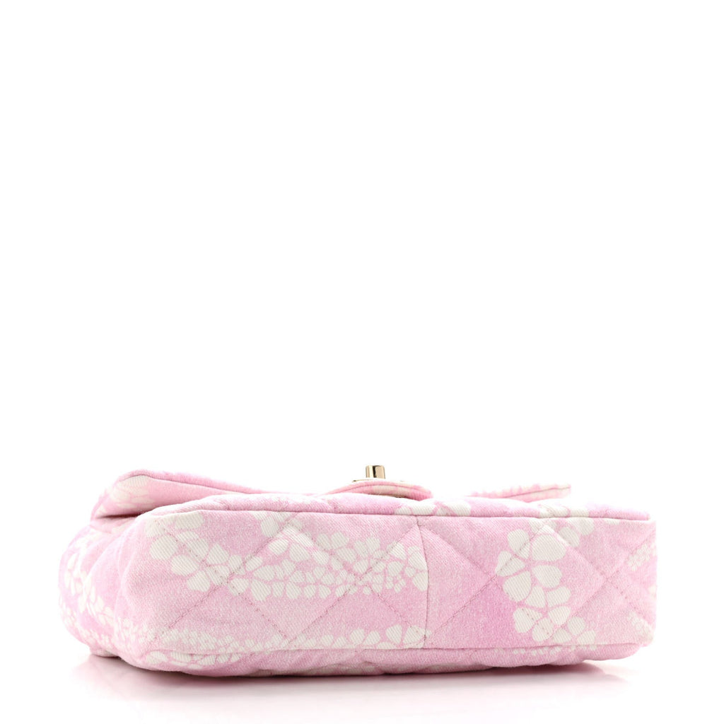 Printed Denim Quilted Flap Bag Pink White