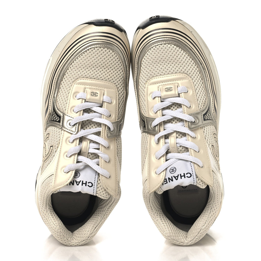 Fabric Laminated Calfskin Stretch CC Womens Sneakers 38 White Gold Silver