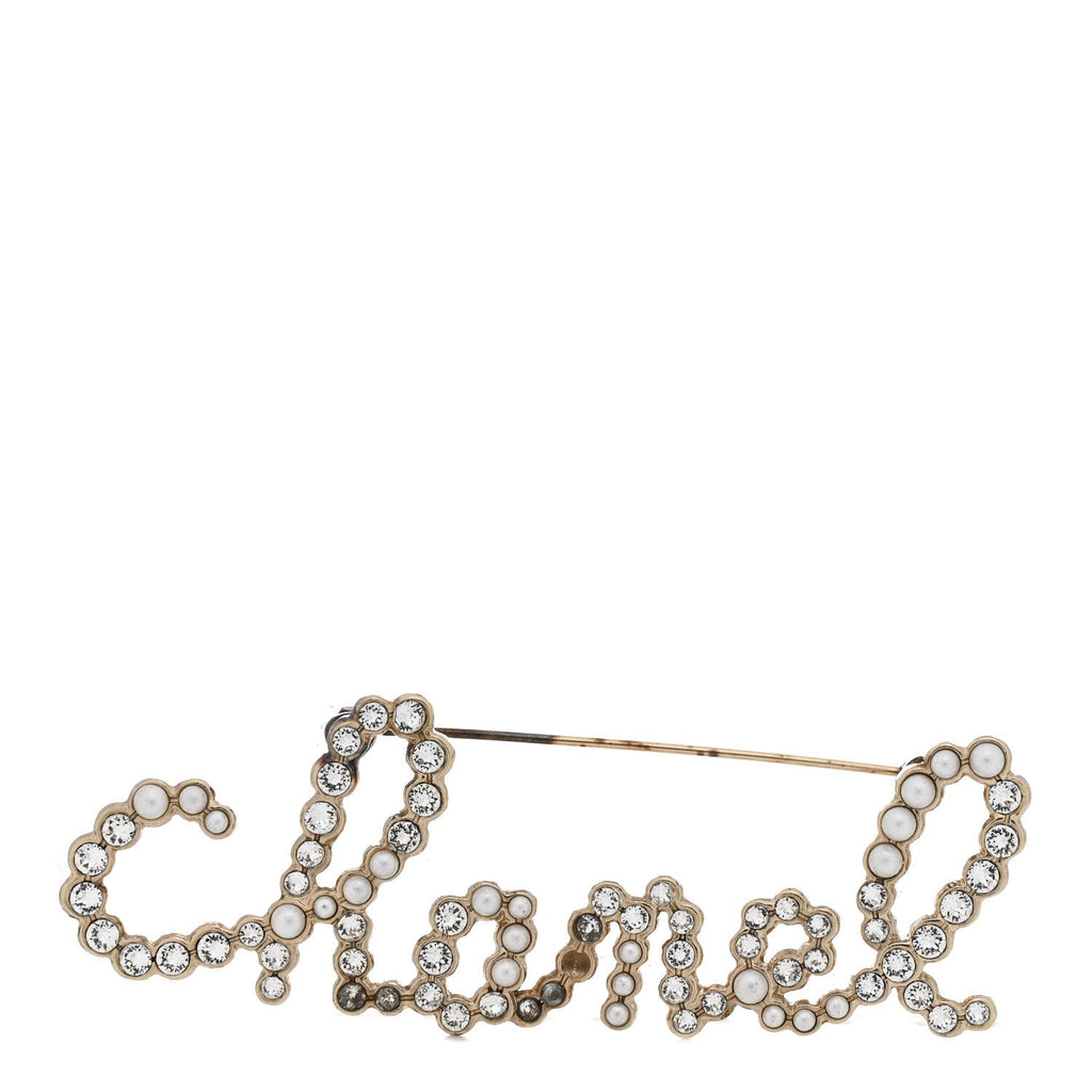 Crystal Pearl Logo Brooch Gold