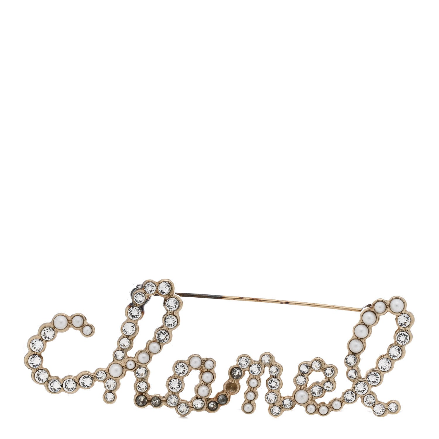 Crystal Pearl Logo Brooch Gold