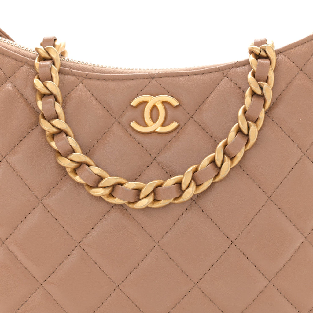 Shiny Crumpled Lambskin Quilted Large Trendy Chain Around Hobo Dark Beige