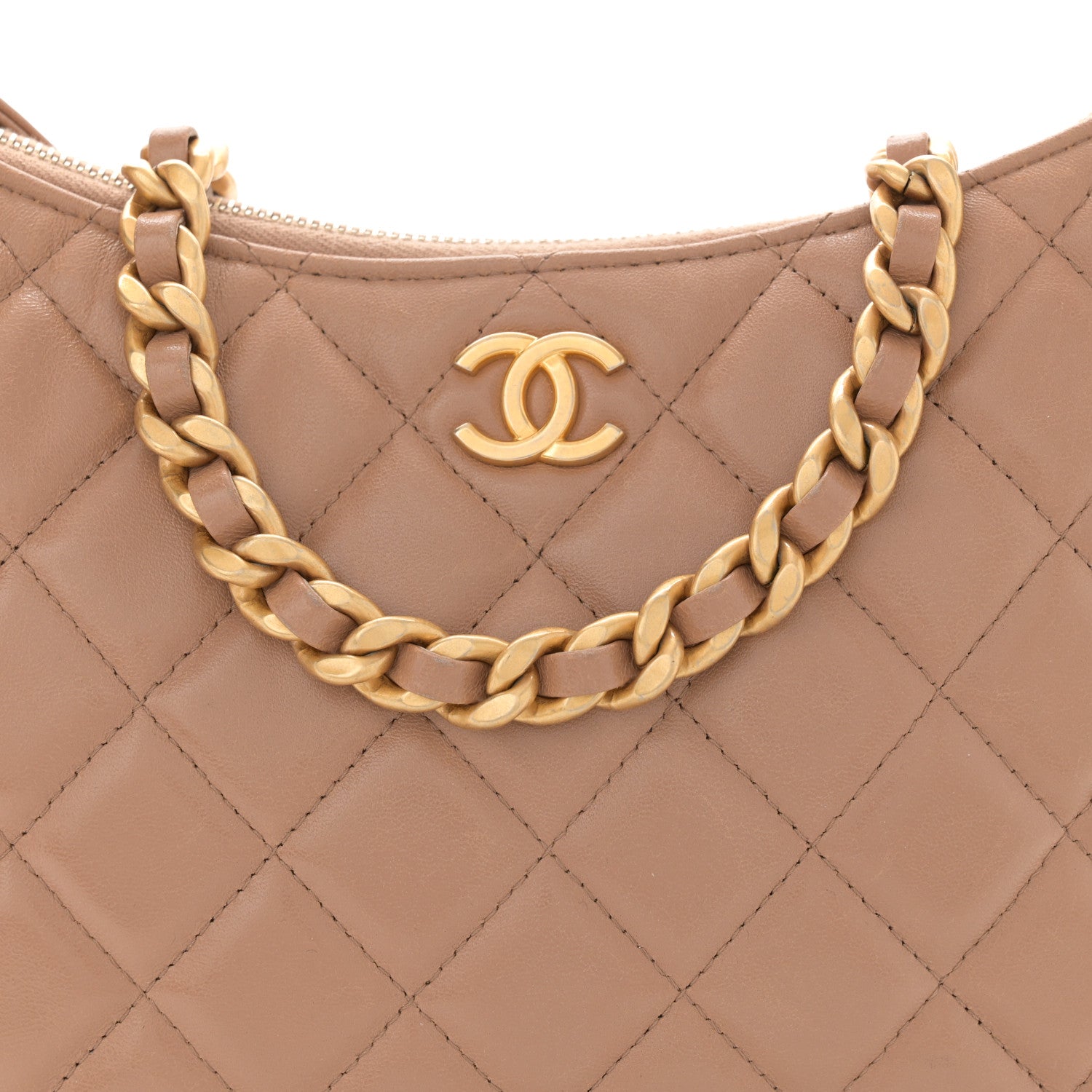 Shiny Crumpled Lambskin Quilted Large Trendy Chain Around Hobo Dark Beige