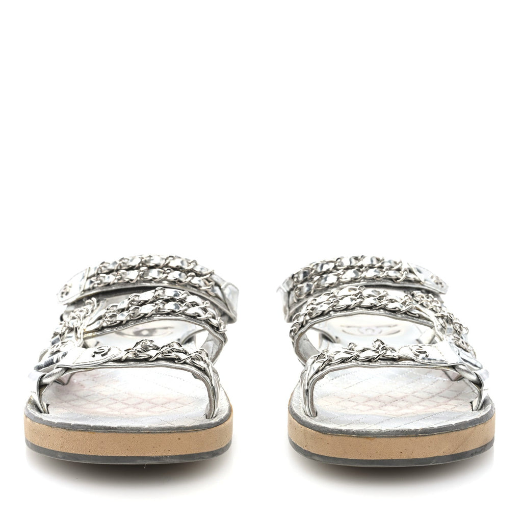 Metallic Laminated Goatskin Chain Flat Sandals 39 Silver