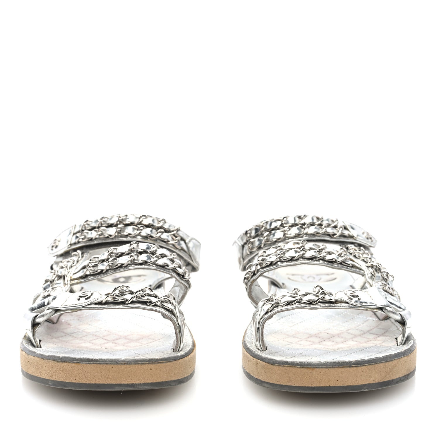 Metallic Laminated Goatskin Chain Flat Sandals 39 Silver