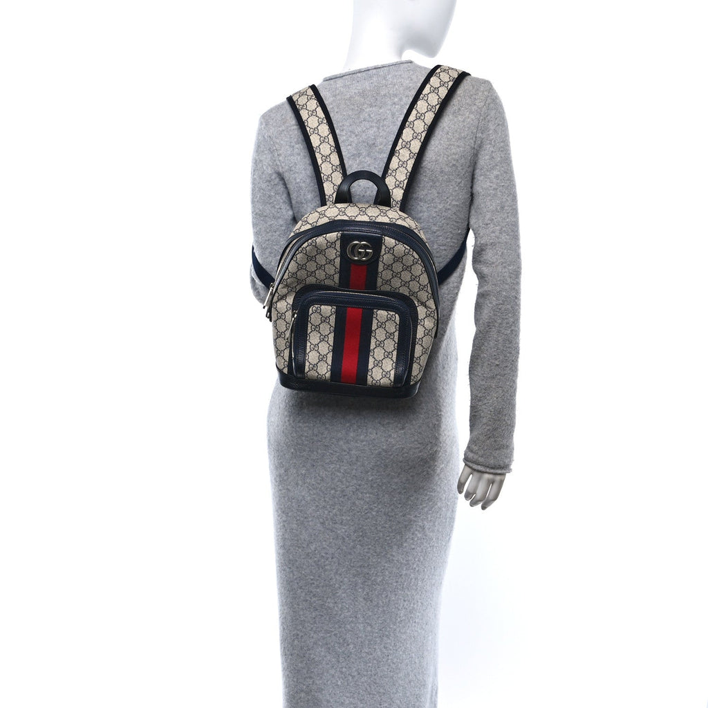 GG Supreme Monogram Textured Dollar Calfskin Web Small Ophidia Day Backpack Beige Blue Black