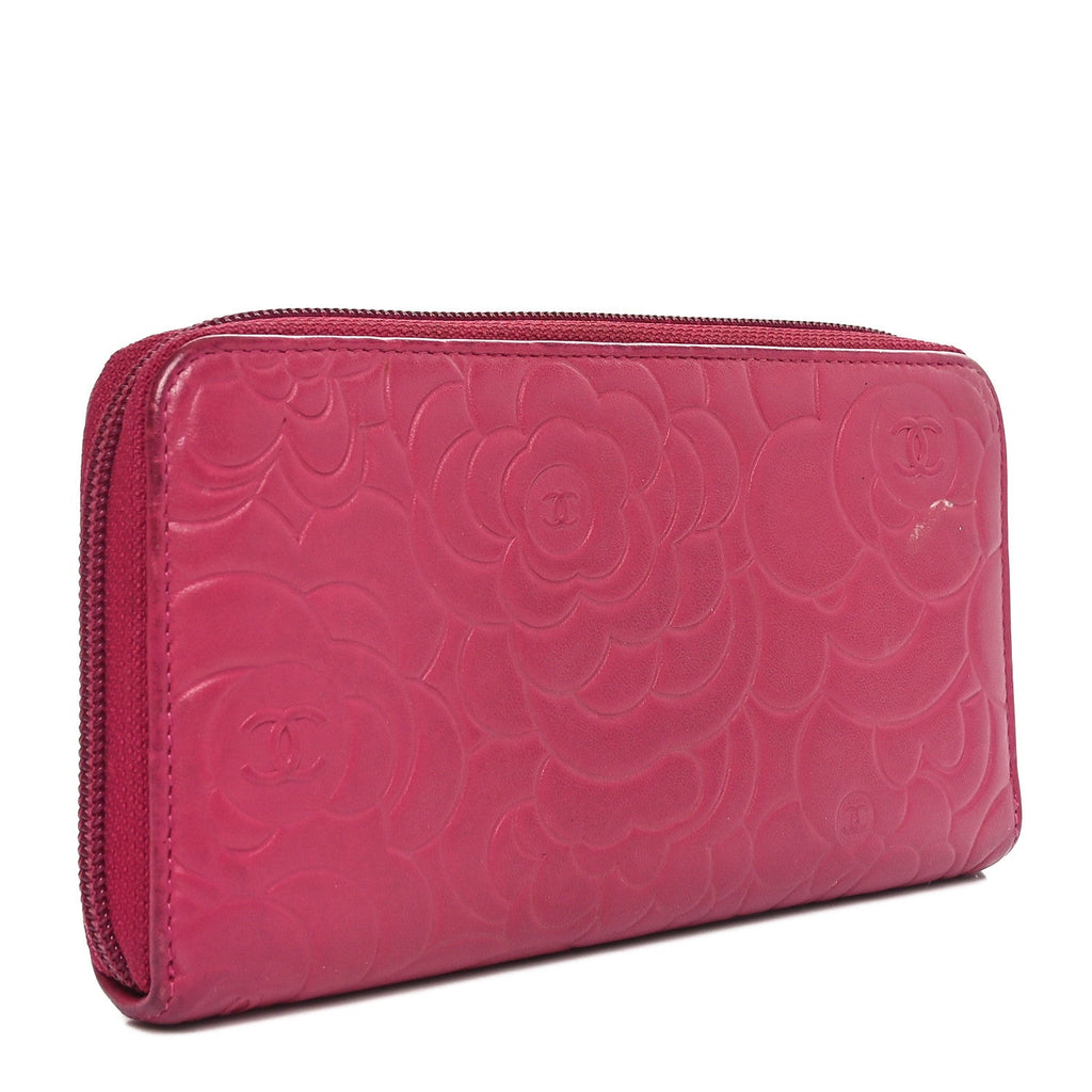 Lambskin Camellia Embossed Large Gusset Zip Around Wallet Fuchsia