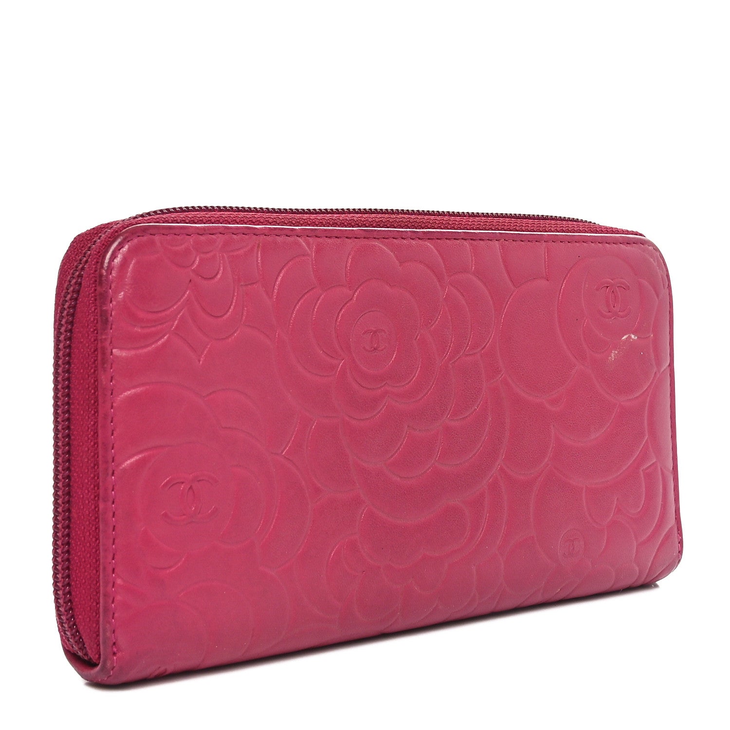 Lambskin Camellia Embossed Large Gusset Zip Around Wallet Fuchsia