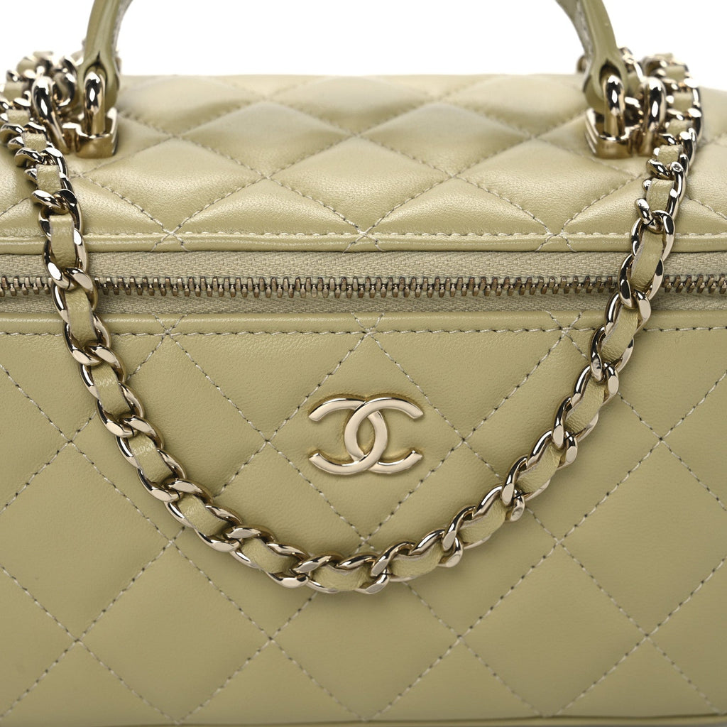 Lambskin Quilted Small Top Handle Vanity Case With Chain Light Green