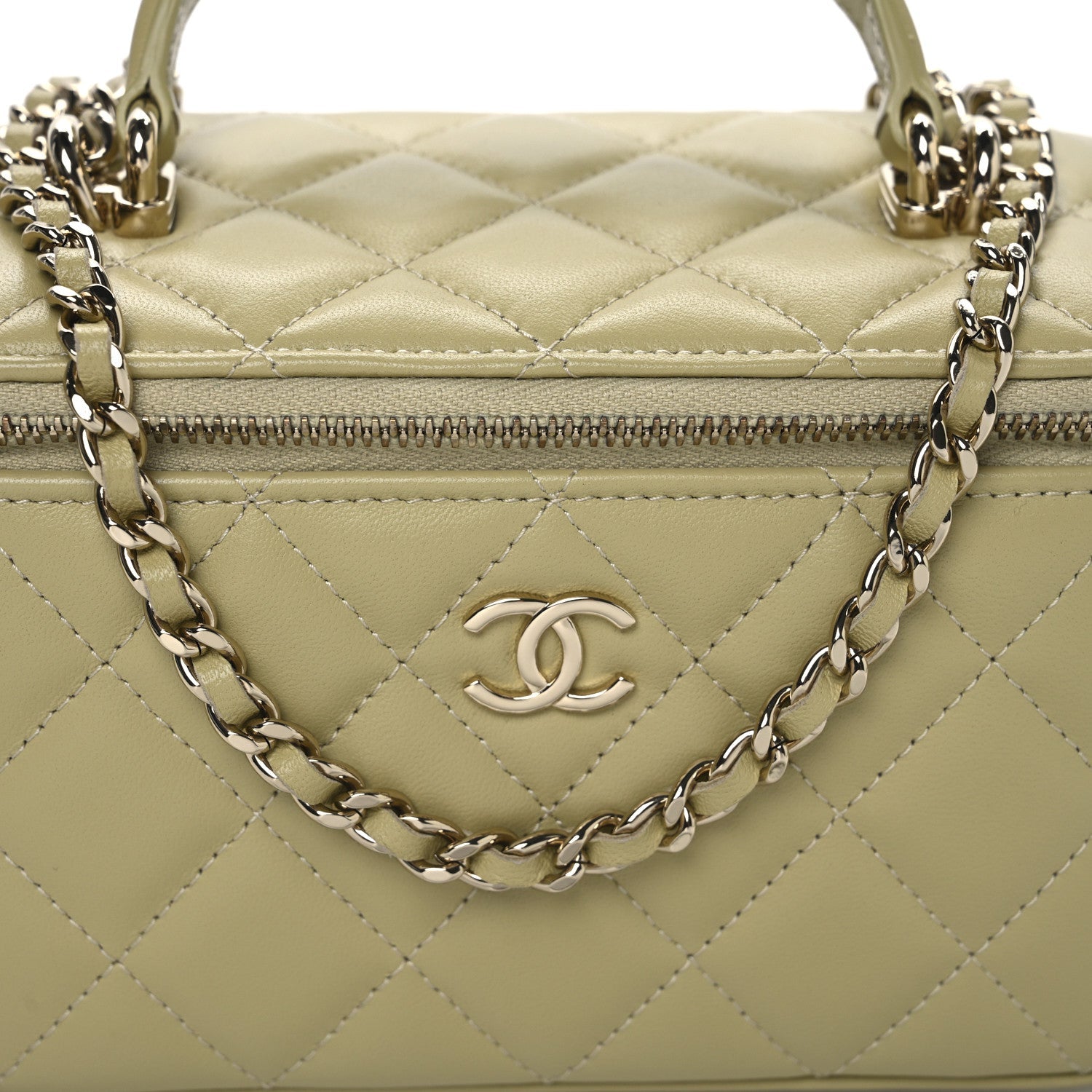 Lambskin Quilted Small Top Handle Vanity Case With Chain Light Green