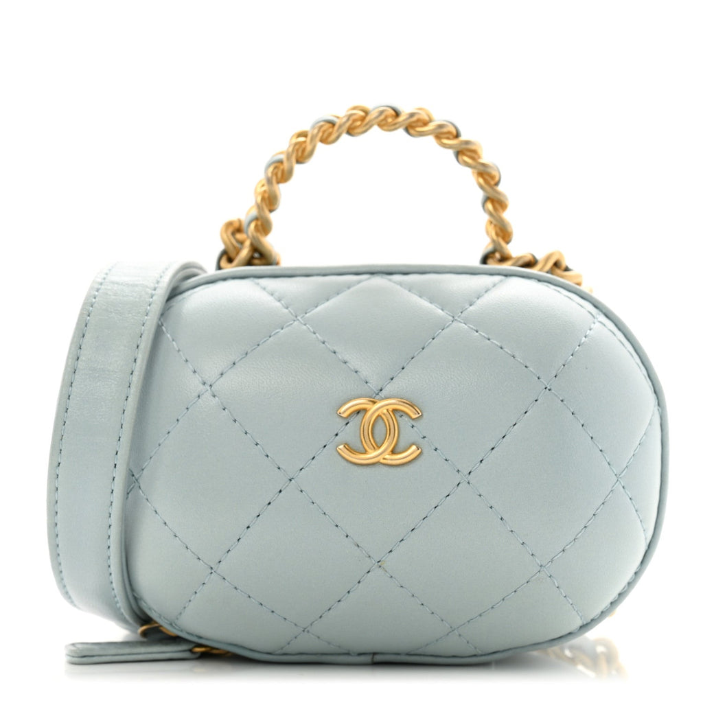 Lambskin Quilted Small CC Bubble Vanity Case With Chain Light Blue