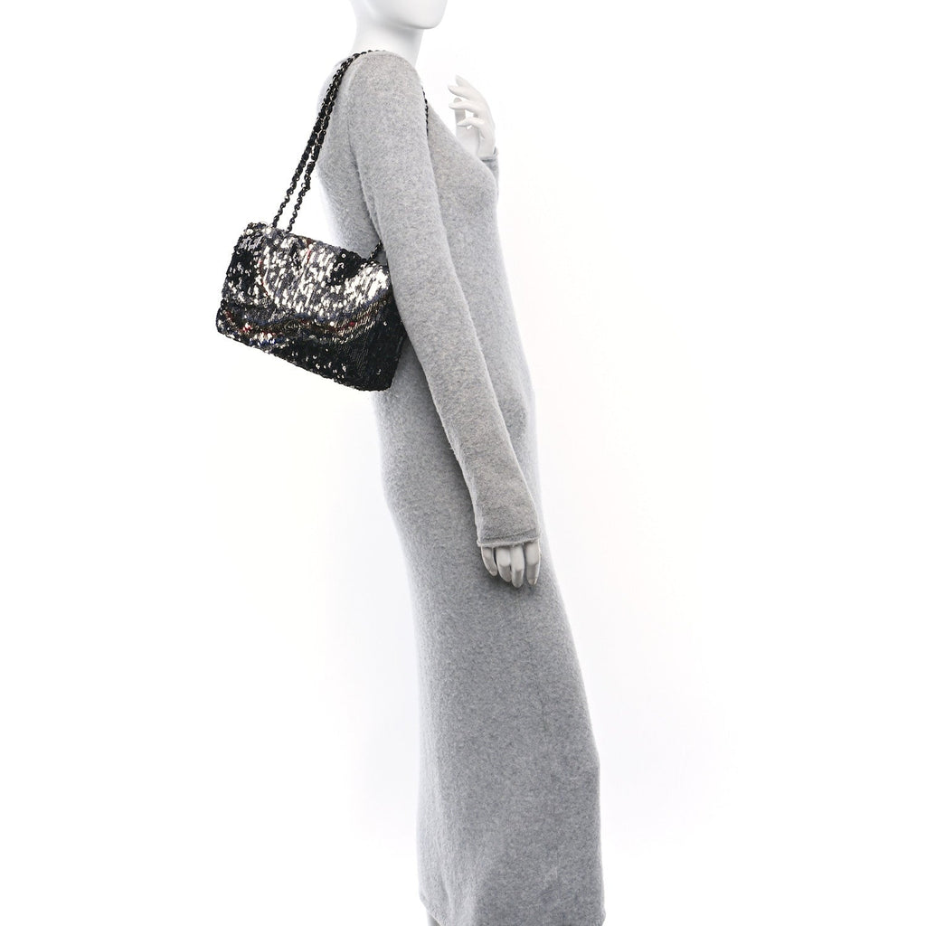 Sequin Medium Single Flap Silver Black Multicolor