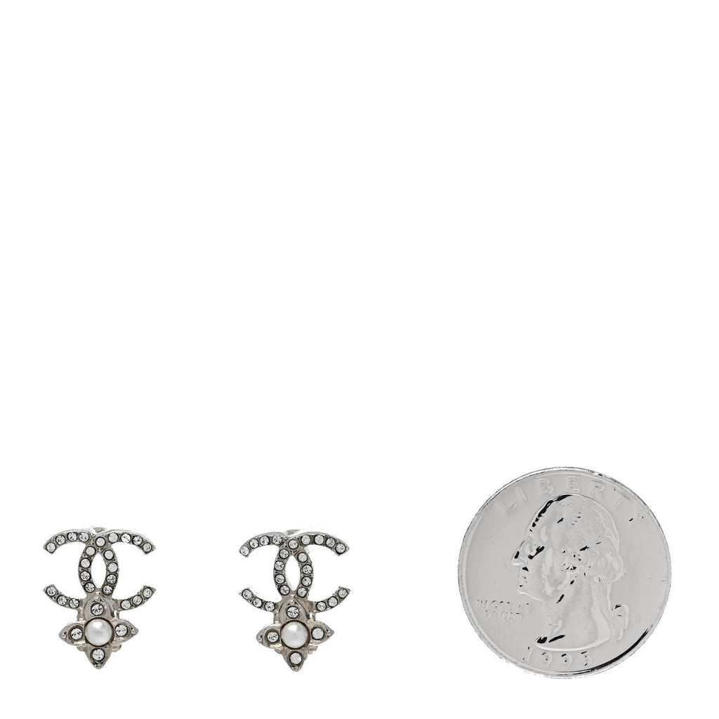 Crystal Pearl Flower CC Earrings Silver