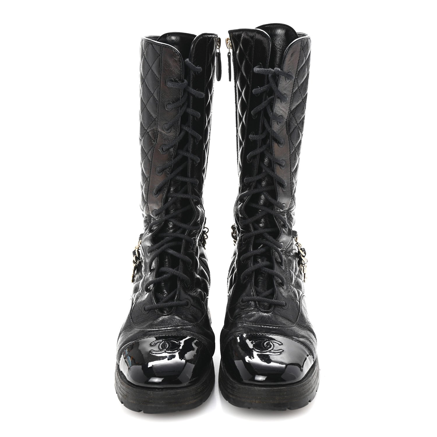 Shiny Calfskin Patent Quilted Chain Lace Up Combat Long Boots 38.5 Black
