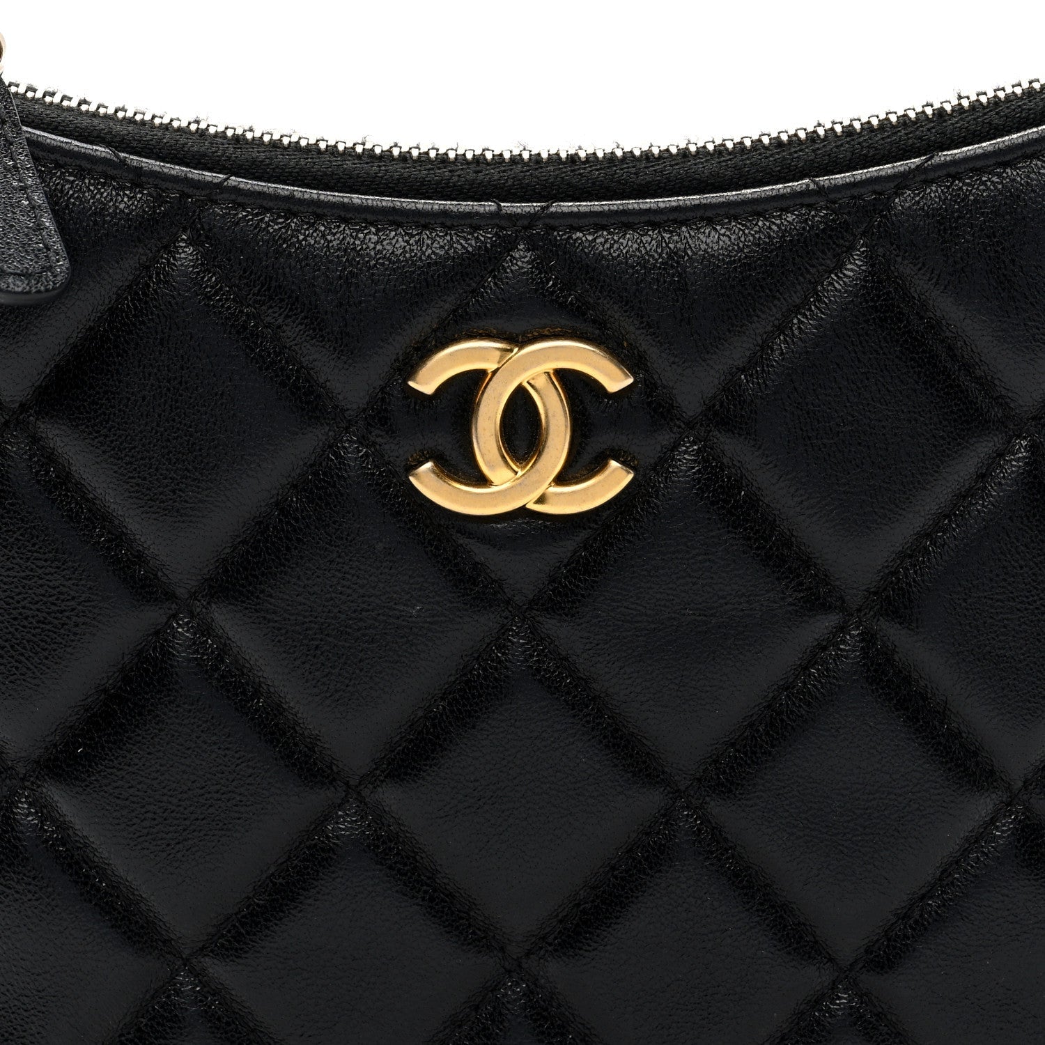 Shiny Crumbled Lambskin Quilted Round Small CC Hobo Black