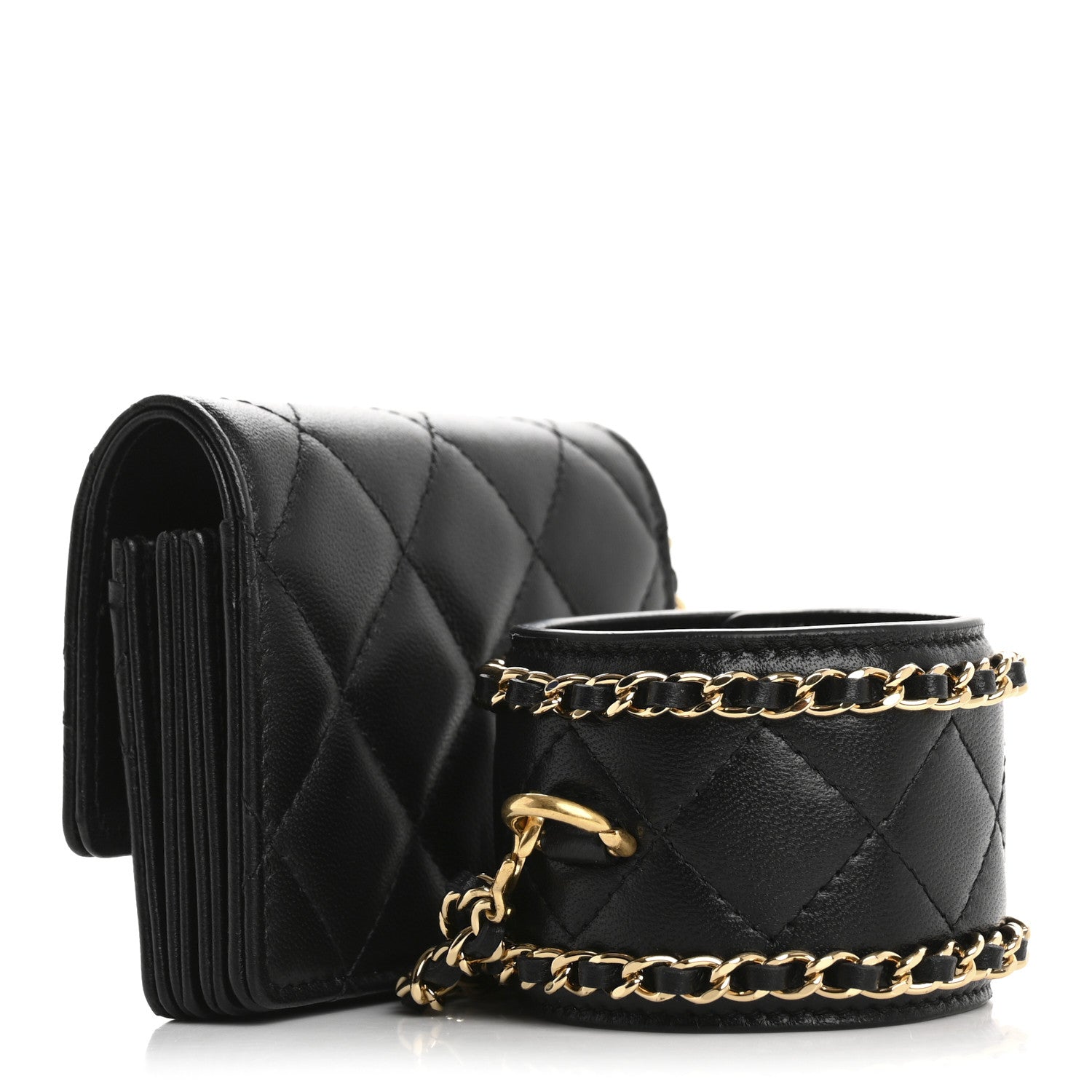 Lambskin Quilted Flap  Holder With Cuff Black