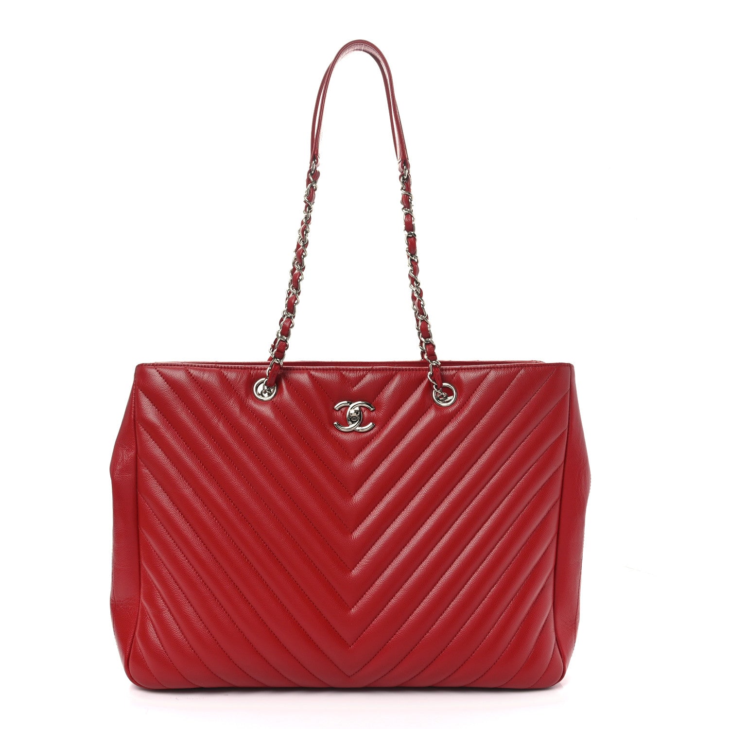 Caviar Chevron Quilted Large Coco Handle Shopping Tote Red