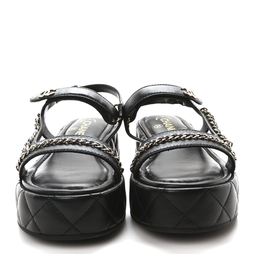 Lambskin Quilted Chain CC Platform Sandals 37.5 Black