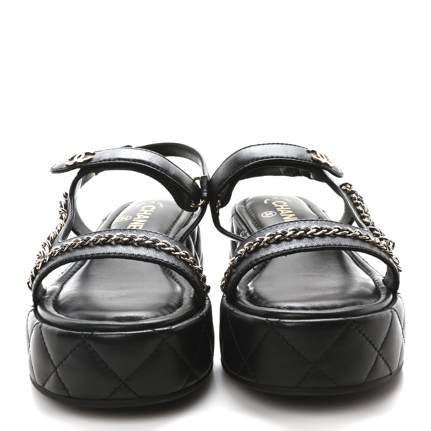 Lambskin Quilted Chain CC Platform Sandals 37.5 Black