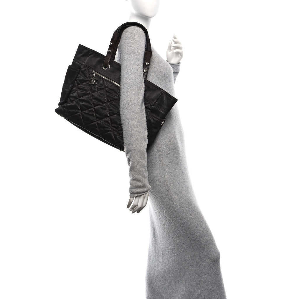 Metallic Coated Canvas Quilted Large Paris Biarritz Tote Dark Brown