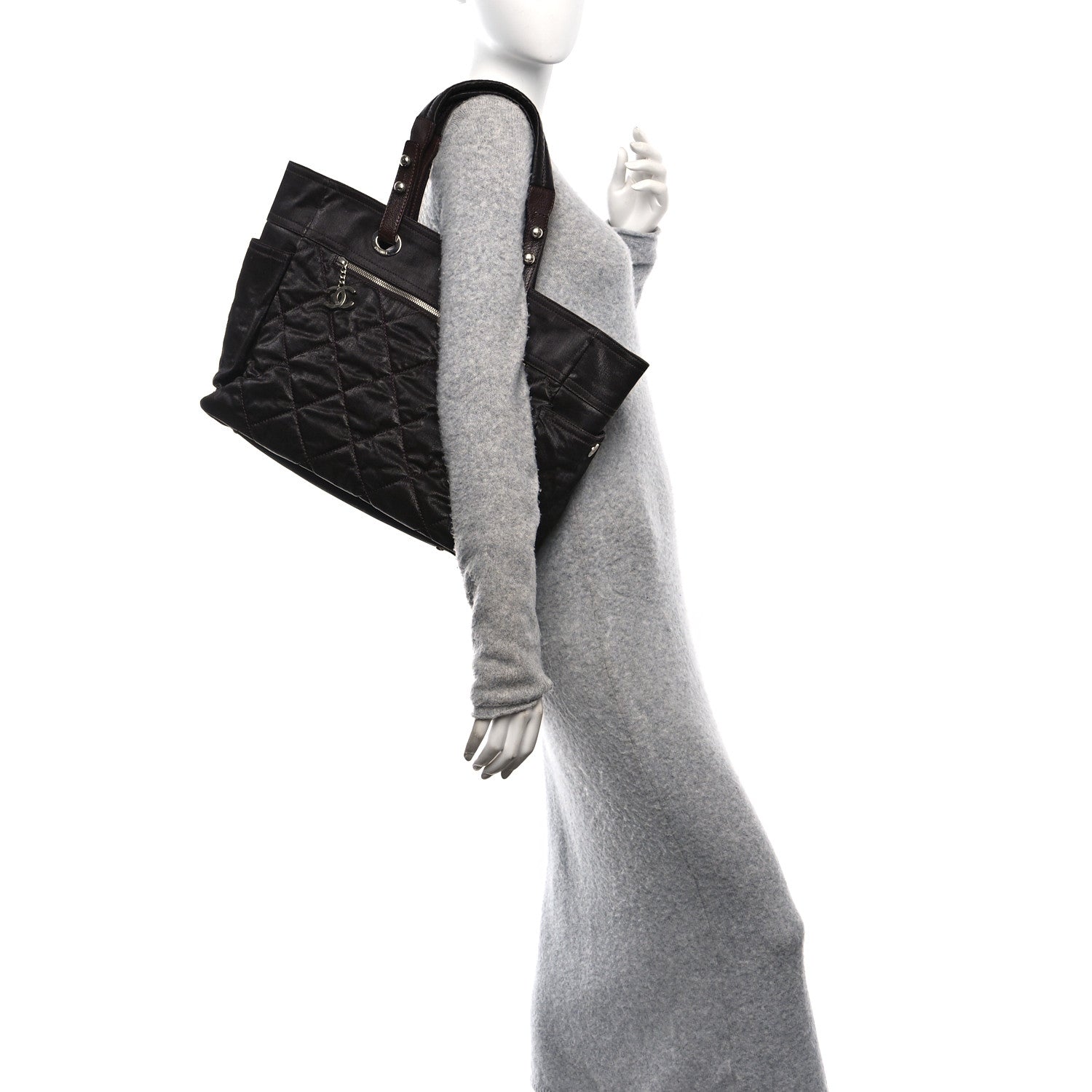 Metallic Coated Canvas Quilted Large Paris Biarritz Tote Dark Brown