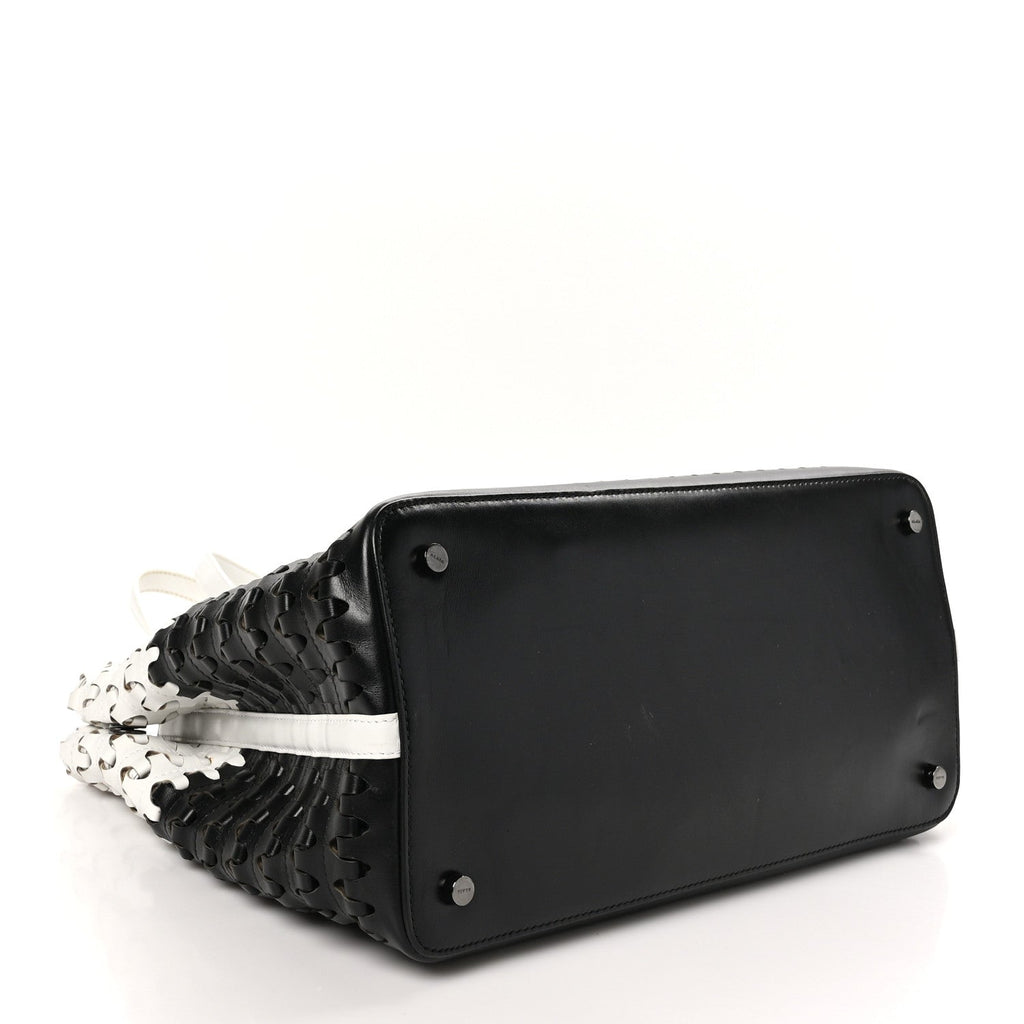 Woven Calfskin Mina Tote Black White
