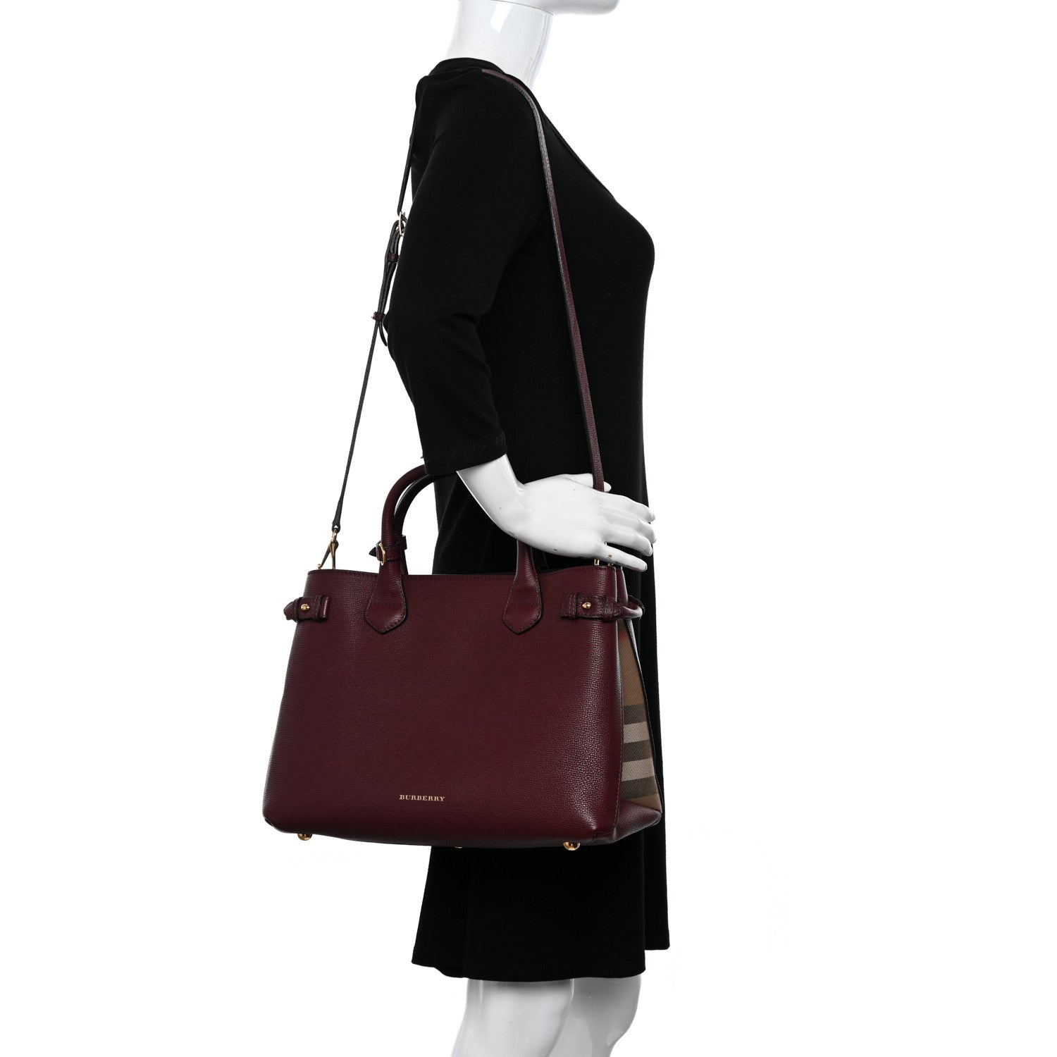 Derby Calfskin House Check Medium Banner Tote Mahogany Red