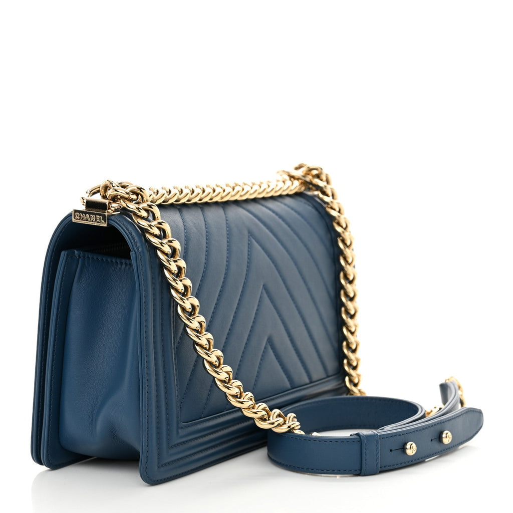 Lambskin Chevron Quilted Medium Boy Flap Blue