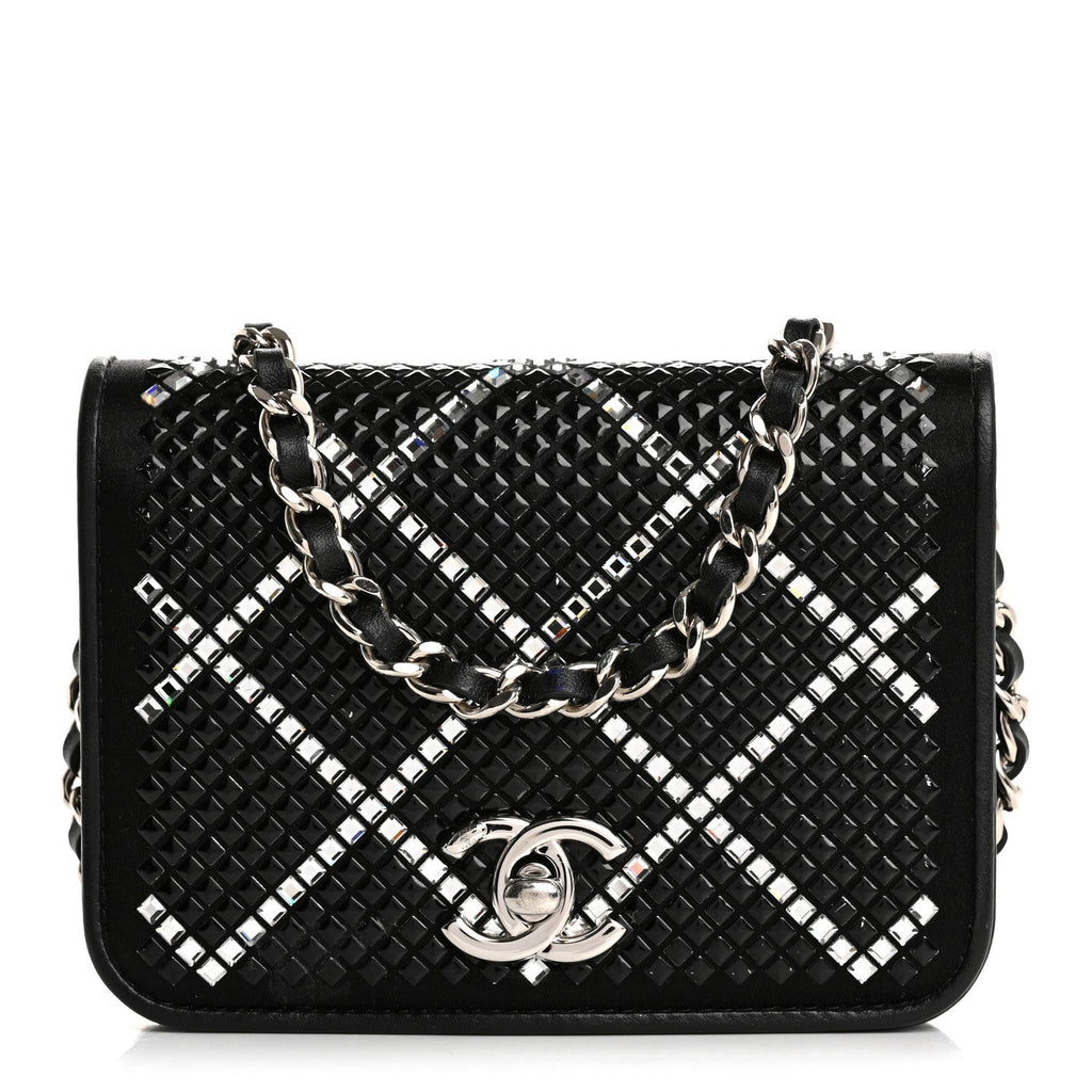 Lambskin Crystal Quilted Mini Chain Belt Bag Black