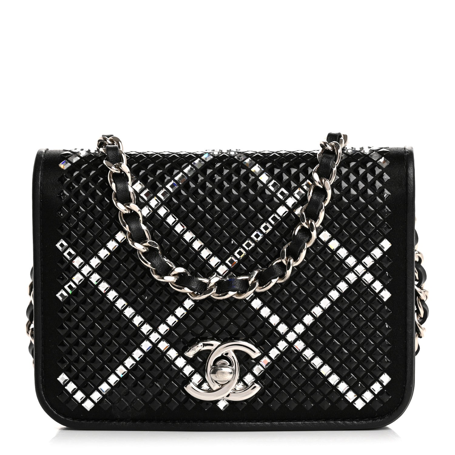 Lambskin Crystal Quilted Mini Chain Belt Bag Black