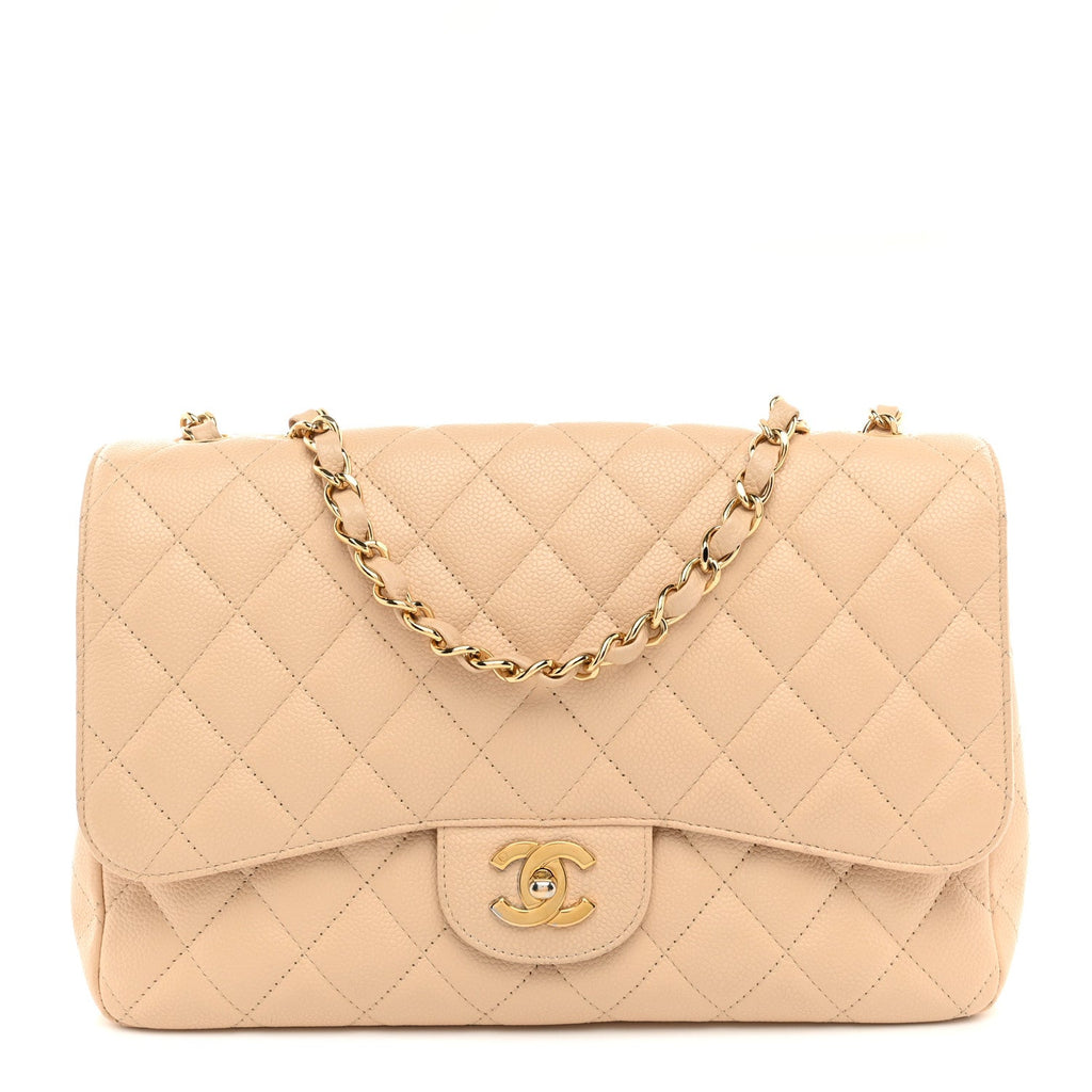 Caviar Quilted Jumbo Single Flap Beige
