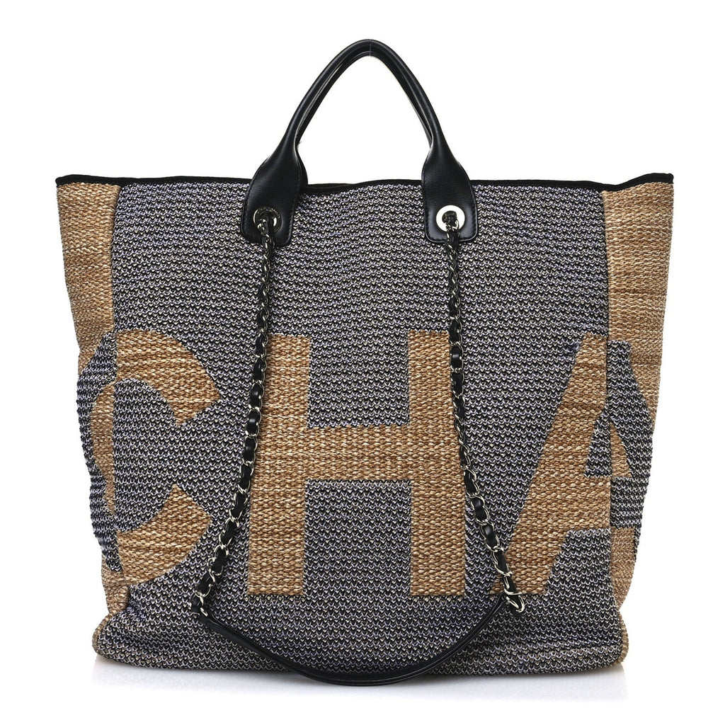 Woven Straw Raffia Logo Tote Blue Beige