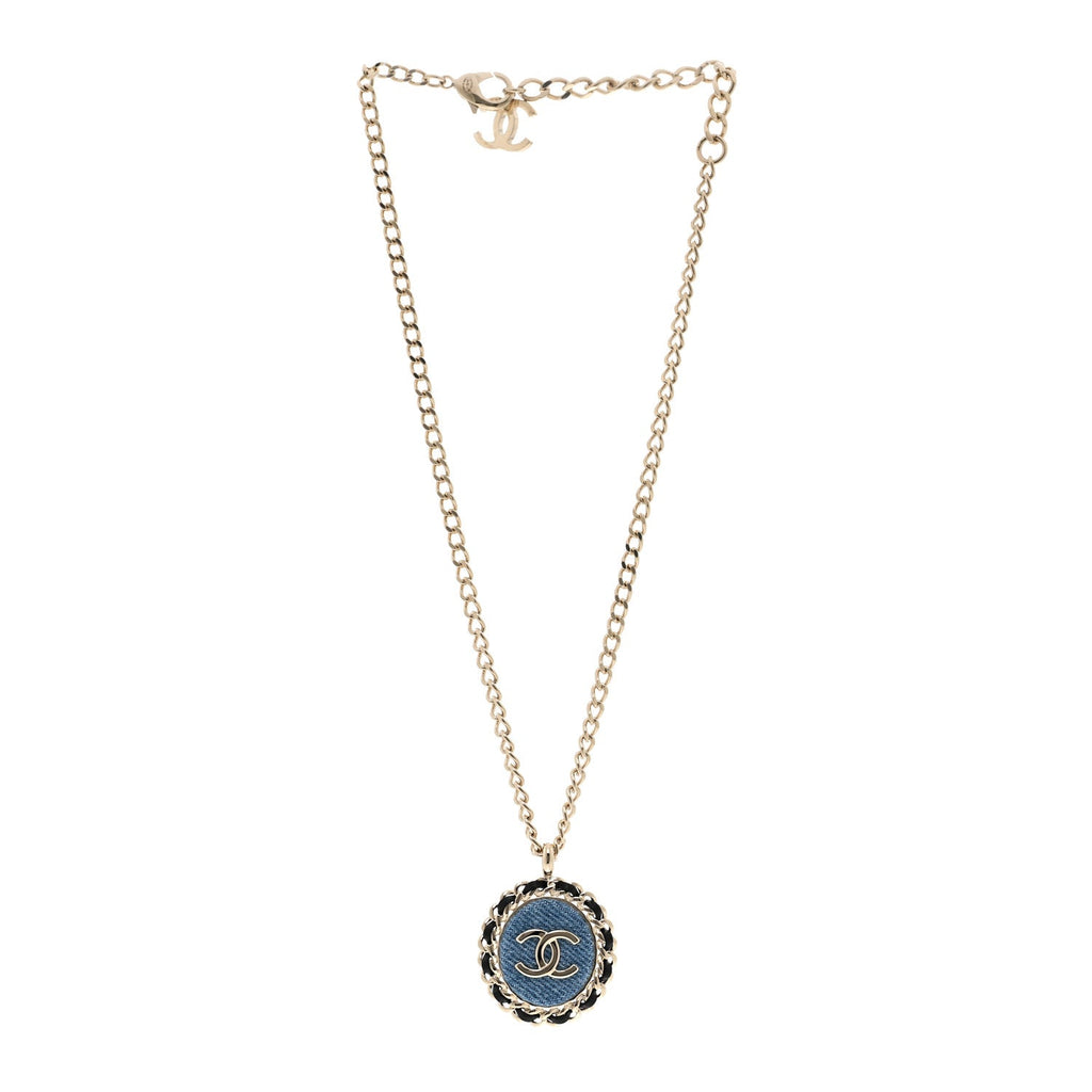 Denim CC Pendant Necklace Gold Blue Black