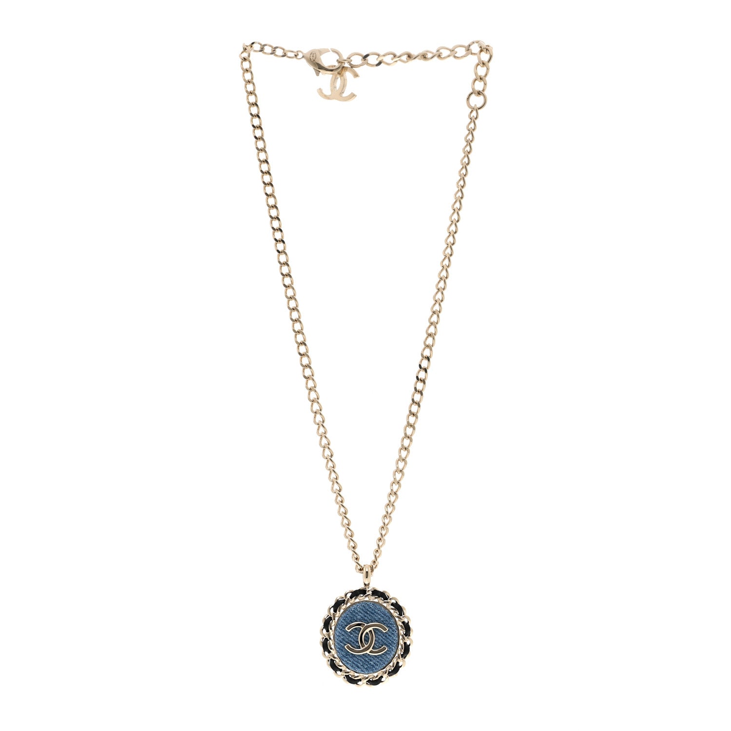 Denim CC Pendant Necklace Gold Blue Black