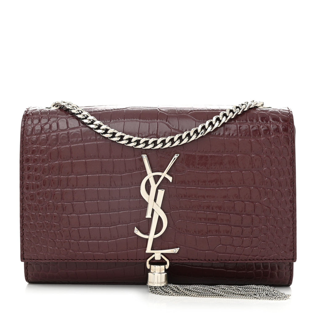 Calfskin Crocodile Embossed Small Classic Monogram Kate Tassel Satchel Rouge Legion