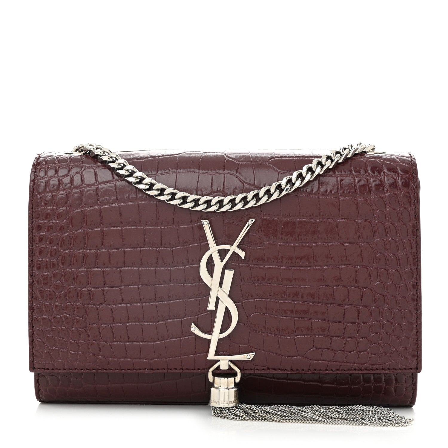 Calfskin Crocodile Embossed Small Classic Monogram Kate Tassel Satchel Rouge Legion