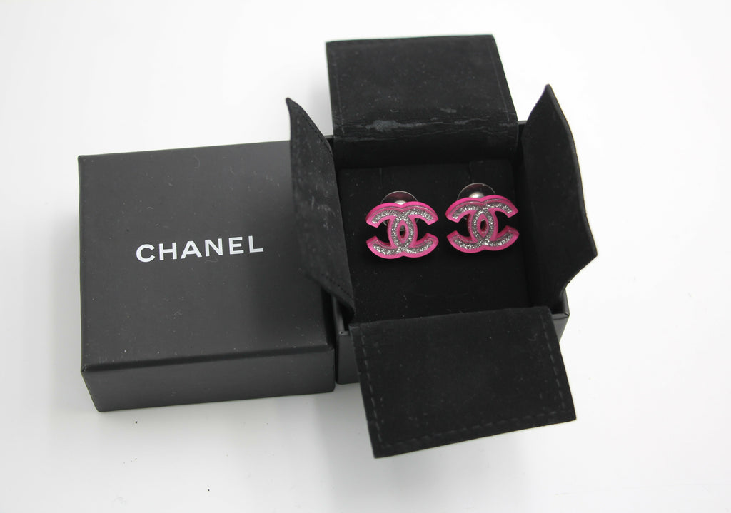 Chanel 2018 Resin Silver Glitter Pink Stud Earrings