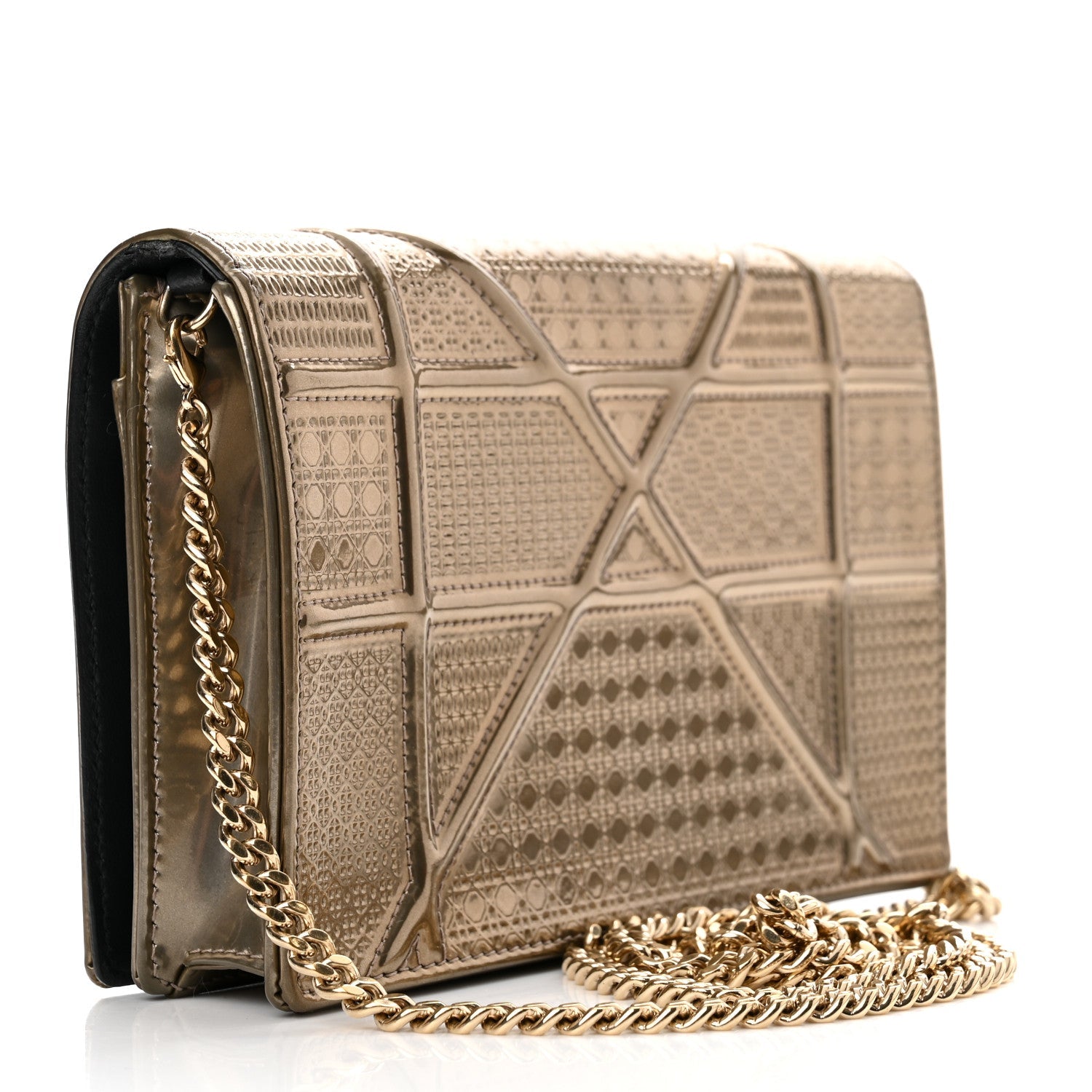 Metallic Patent Micro-Cannage Diorama Wallet on Chain Pouch Gold