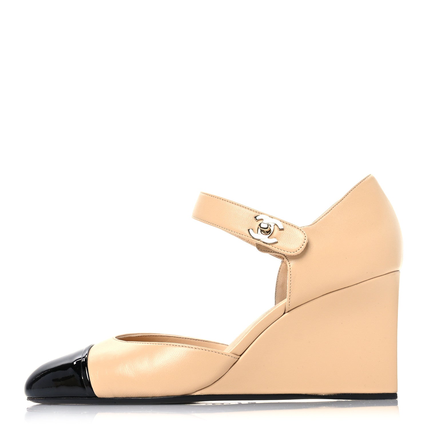 Lambskin Patent Cap Toe Mary Jane Wedge Pumps 38.5 Beige Black