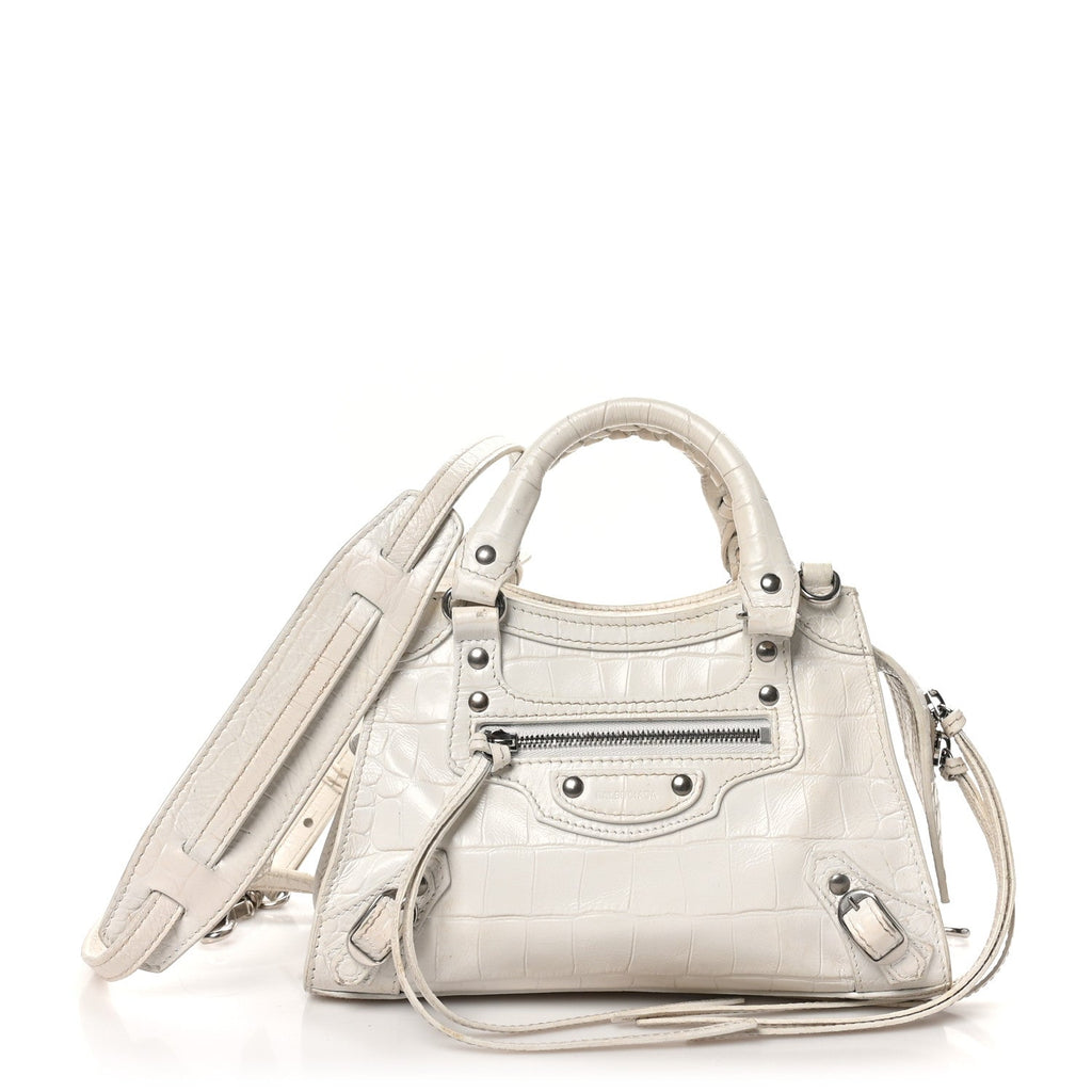 Semi Shiny Calfskin Crocodile Embossed Neo Classic Silver Hardware Mini City White