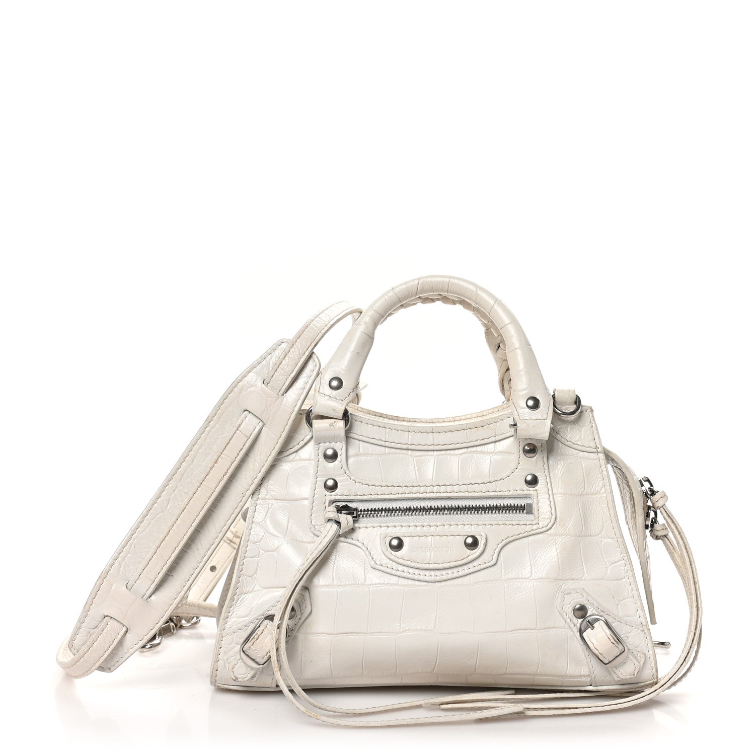 Semi Shiny Calfskin Crocodile Embossed Neo Classic Silver Hardware Mini City White