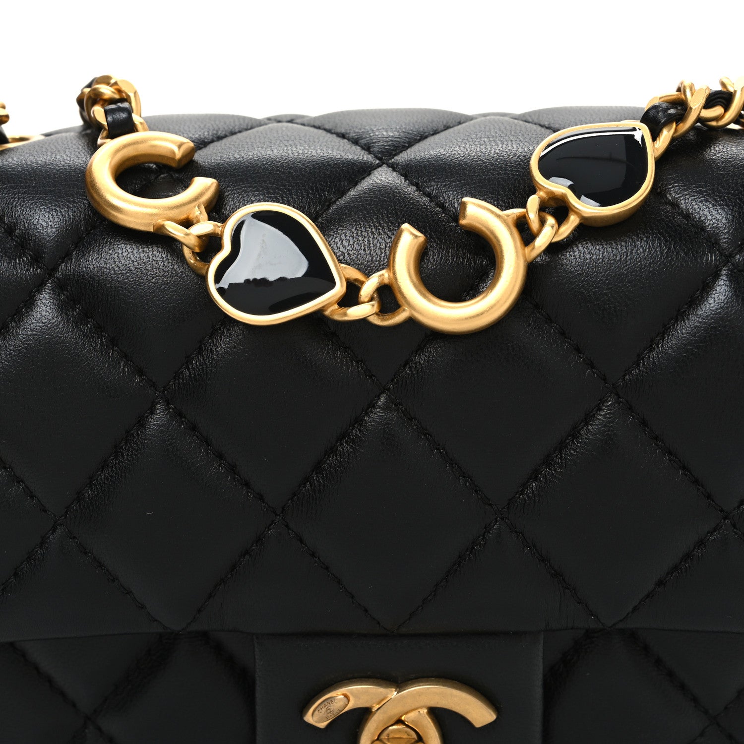 Lambskin Enamel Quilted Mini Coco Hearts Square Flap Black