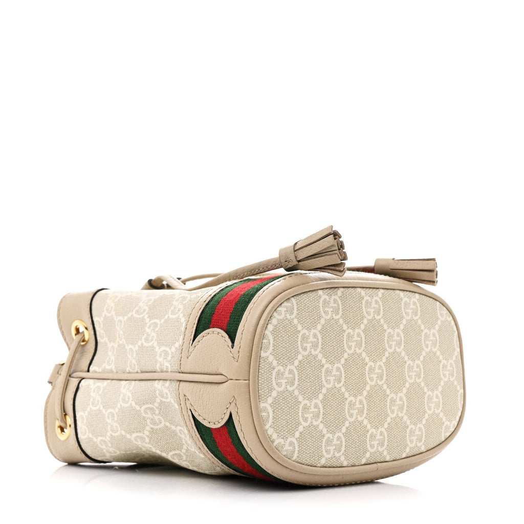 GG Supreme Monogram Textured Calfskin Web Mini Ophidia Bucket Bag Beige Mystic White Oatmeal