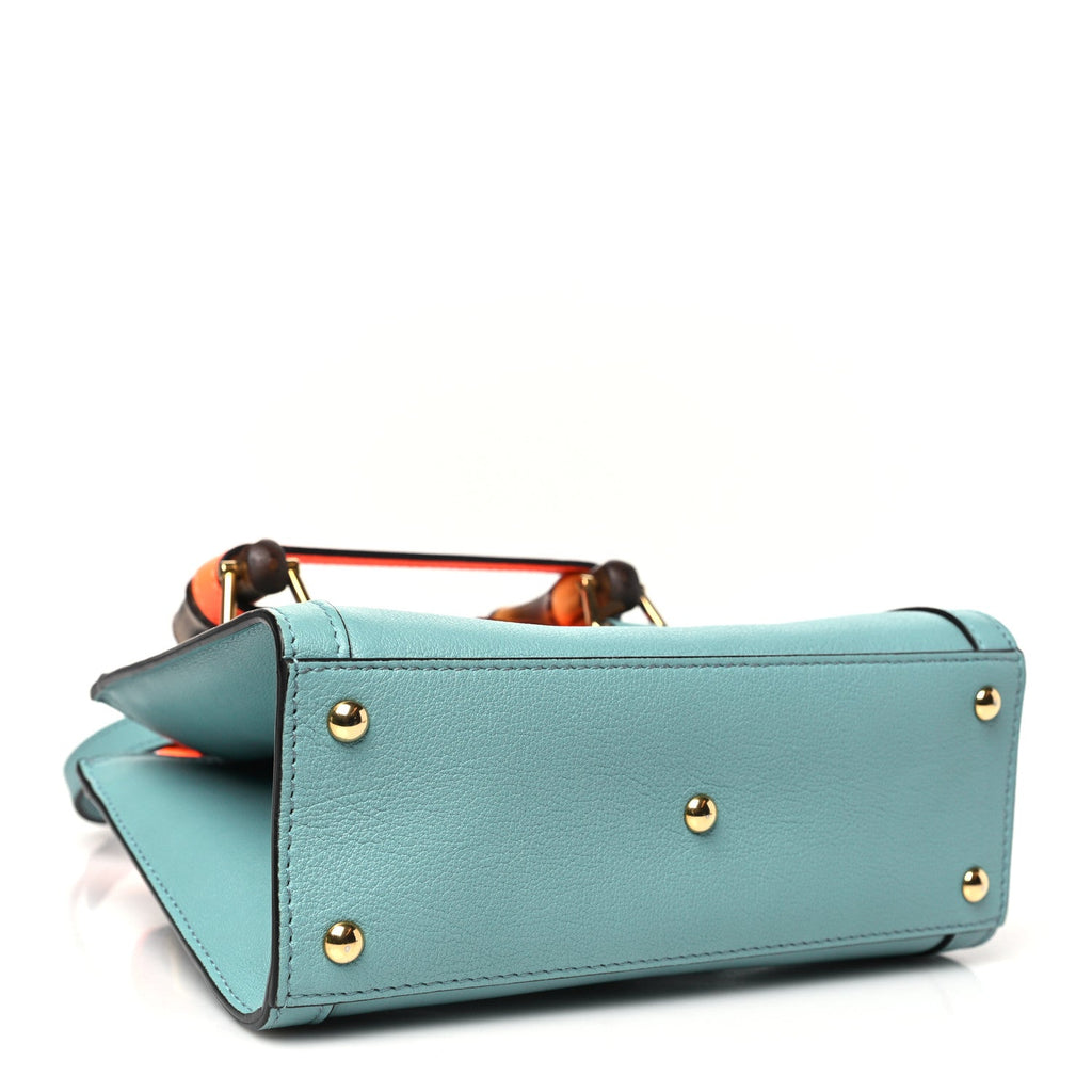 Textured Dollar Calfskin Web Mini Diana Tote Bag Dusty Azure Deep Orange