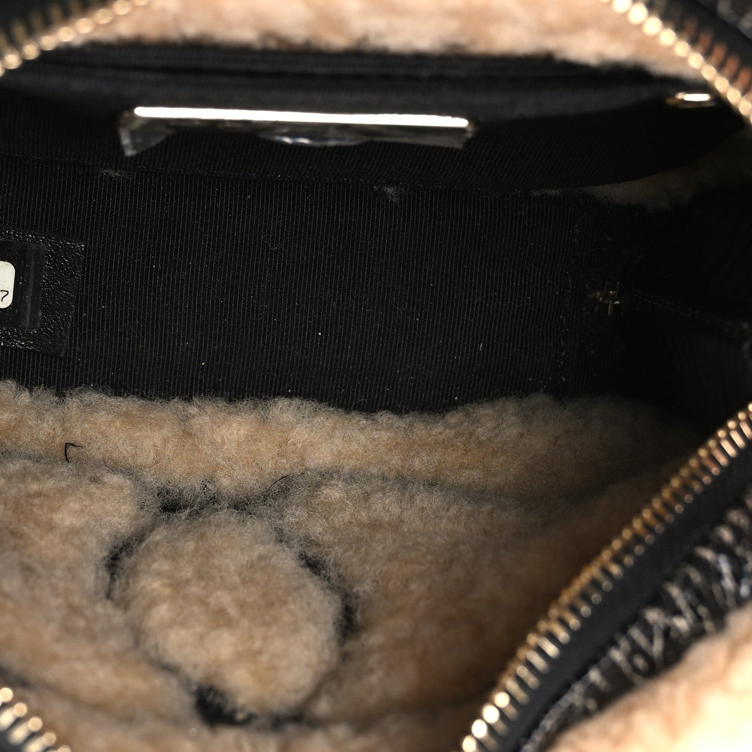 Shiny Crumpled Sheepskin Shearling Waist Bag Black Beige