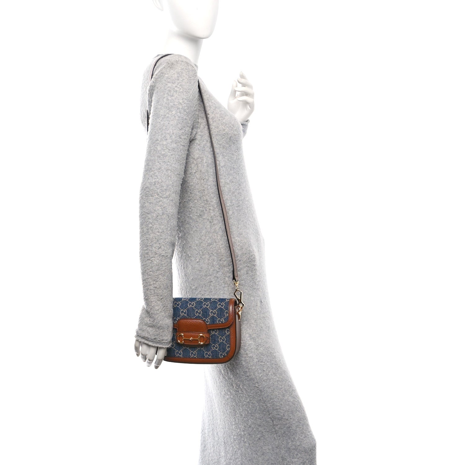 New Denim GG Monogram Dollar Calfskin Web Mini Horsebit 1955 Shoulder Bag Blue Tea Cuir Epilog