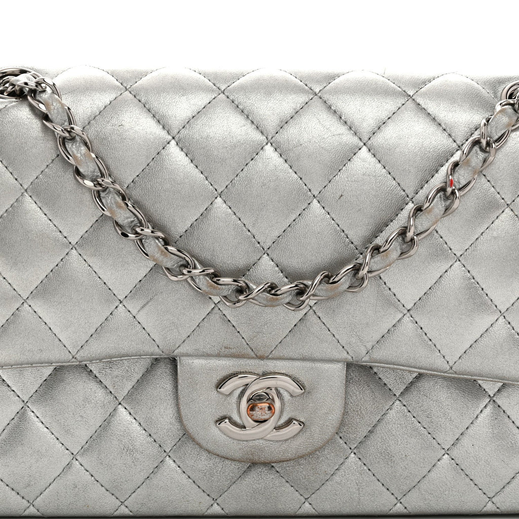 Metallic Lambskin Quilted Medium Double Flap Silver
