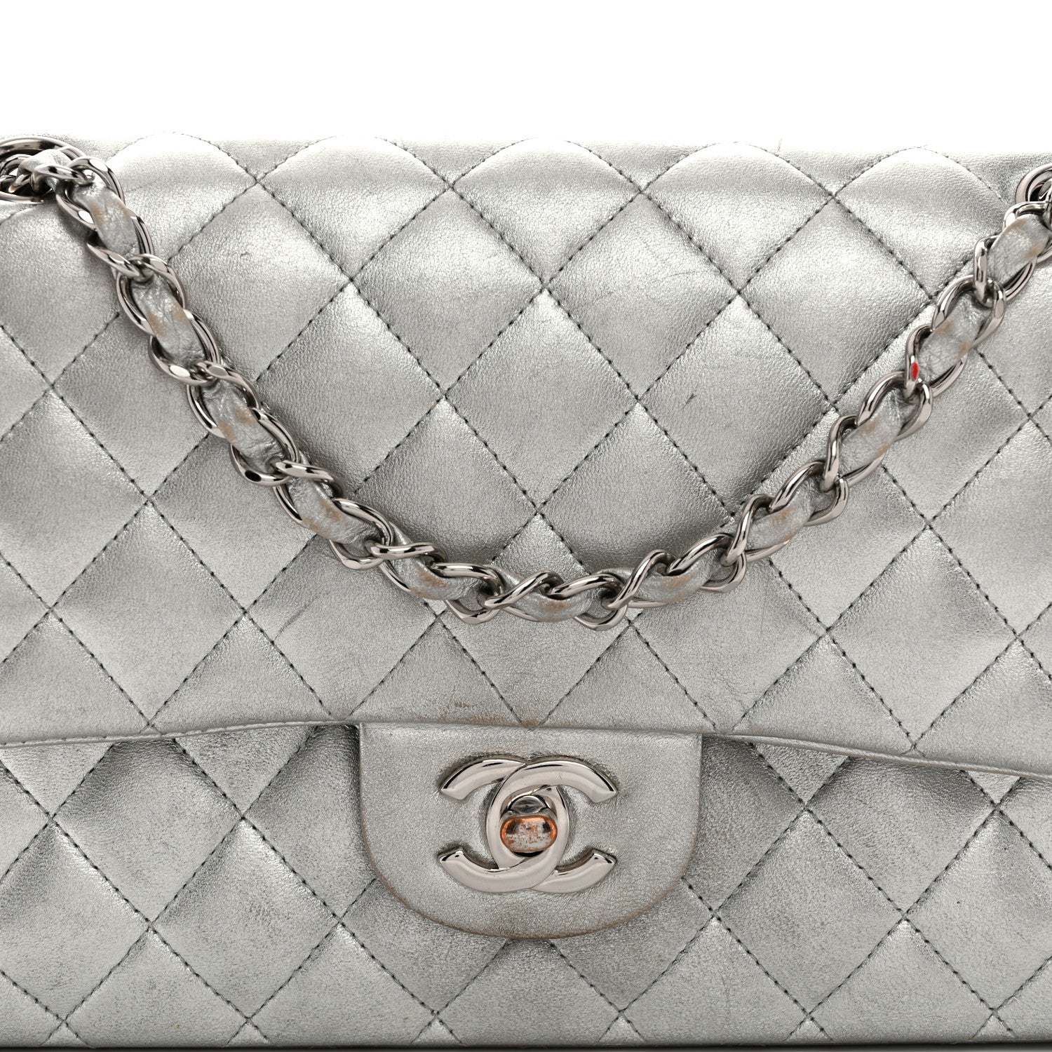 Metallic Lambskin Quilted Medium Double Flap Silver